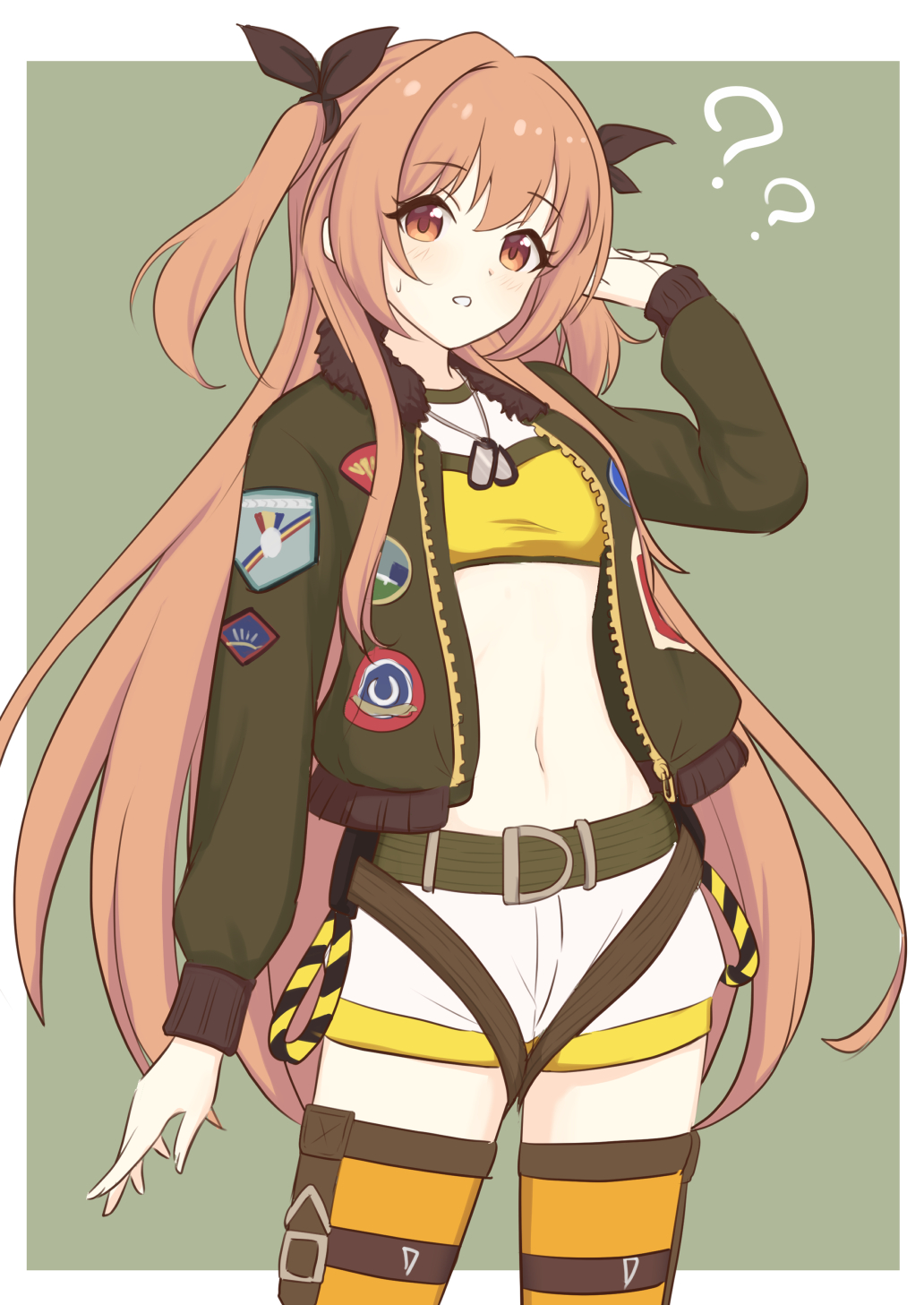 1girl, ?, blush, brown_eyes, brown_hair, commentary_request, cosplay, crop_top