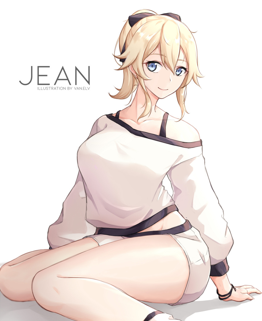 1girl, absurdres, bare_shoulders, blonde_hair, blue_eyes, bow, breasts, casual