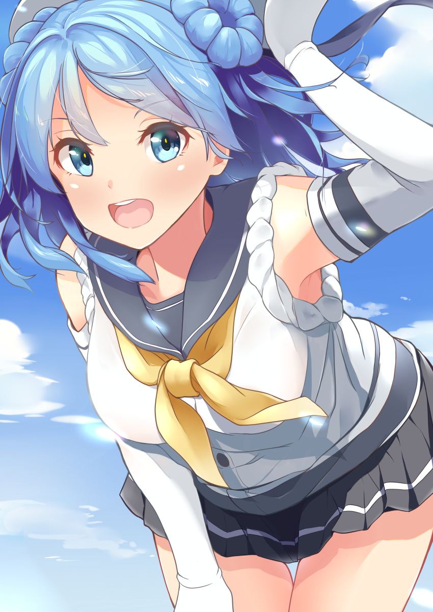1girl, absurdres, atelier_z44, beret, blue_eyes, blue_hair, blue_sailor_collar, blue_sky, breasts, clouds, cloudy_sky, cowboy_shot, double_bun, elbow_gloves, eyebrows_visible_through_hair, gloves, grey_skirt, hat, highres, indoors, kantai_collection, looking_at_viewer, medium_breasts, neckerchief, open_mouth, pleated_skirt, sailor_collar, sailor_hat, school_uniform, serafuku, shirt, skirt, sky, sleeves_rolled_up, smile, solo, urakaze_(kancolle), white_gloves, white_headwear, white_shirt, yellow_neckwear