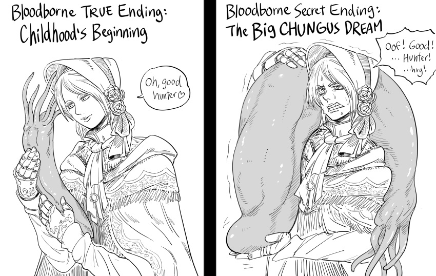 1girl, bangs, bb_(baalbuddy), bloodborne, bonnet, brooch, clenched_teeth, cloak