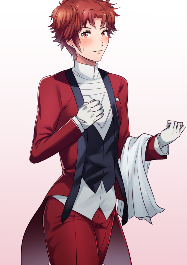 1girl, alternate_costume, ameno_(a_meno0), blush, butler, fire_emblem, fire_emblem_awakening, formal, gloves, long_sleeves, looking_at_viewer, nervous, red_eyes, redhead, short_hair, simple_background, solo, suit, sully_(fire_emblem), sweat, sweatdrop