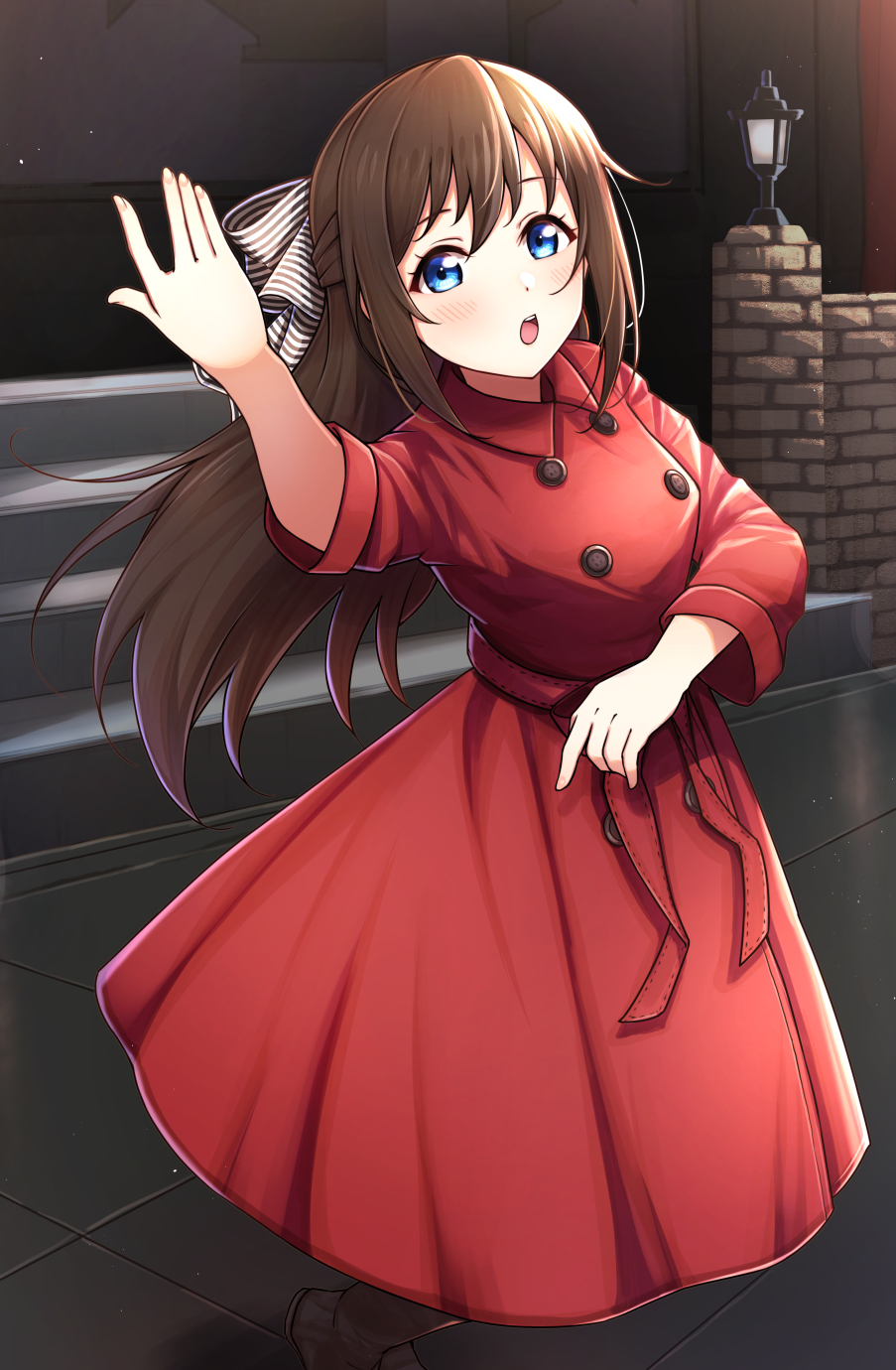 1girl, audrey_(love_live!), bangs, blue_eyes, blush, boots, bow, brick_wall, brown_hair, buttons, dress, hair_between_eyes, hair_bow, half_updo, highres, long_hair, love_live!, love_live!_nijigasaki_high_school_idol_club, love_live!_school_idol_festival_all_stars, osaka_shizuku, otsumami_(otsu-mugi), ponytail, red_bow, red_dress, sidelocks, skirt, solo, stairs, striped, striped_bow, trench_coat
