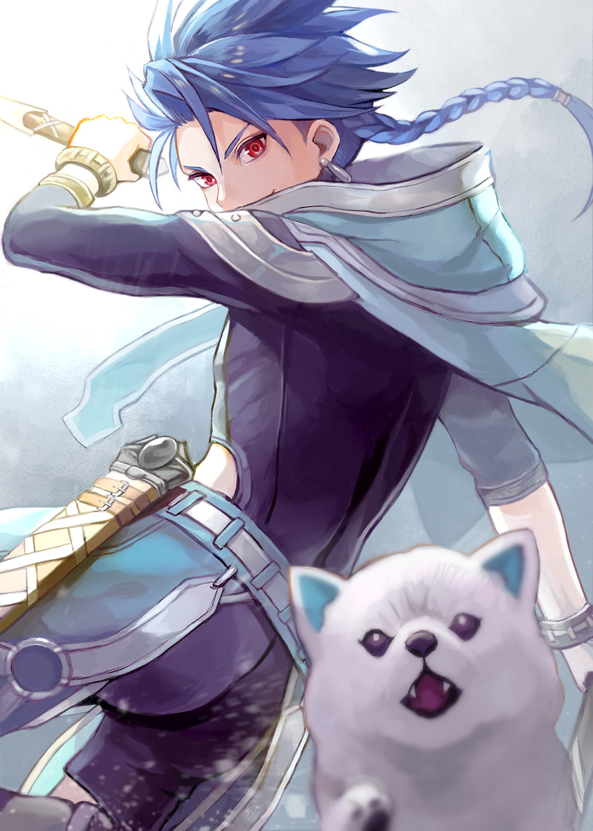 1boy, 1other, angry, animal, asymmetrical_bangs, bangs, belt, blue_hair