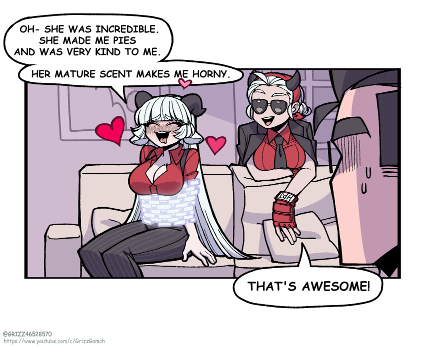 1boy, 2girls, baphomet_(grizz), breasts, collared_shirt, demon_girl, demon_horns, goat_horns