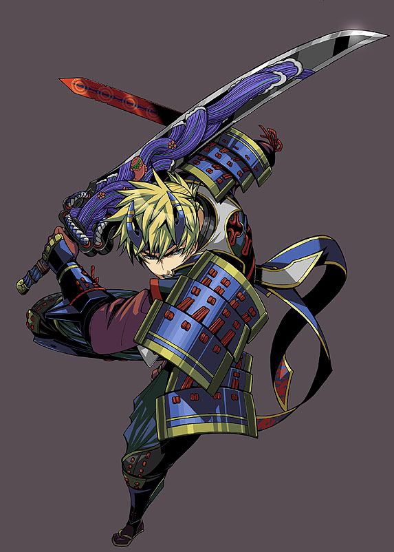 armor, bantrain, blonde_hair, male, onimusha, short_hair, simple_background, soki