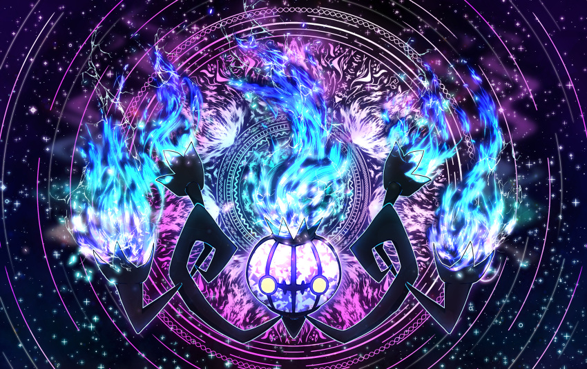 absurdres, blue_fire, chandelure, colorful, commentary, commentary_request, fire, gen_5_pokemon, glowing, glowing_eyes, highres, no_humans, pokemon, pokemon_(creature), sparkle, sparkle_background, star_(sky), star_(symbol), tagme, white_eyes, white_fire, yama_neko_3