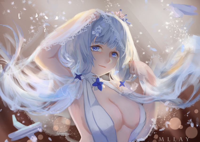 1girl, aircraft, airplane, artist_name, azur_lane, bare_shoulders, biplane, blue_eyes
