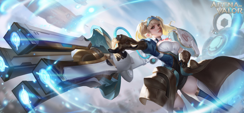 arena_of_valor, blonde_hair, breasts, capheny_(arena_of_valor), closed_mouth, clothing_request, commentary, commentary_request, english_text, gloves, highres, large_breasts, pointing, space_craft, tagme, thigh-highs, watermark, web_address, y_xun