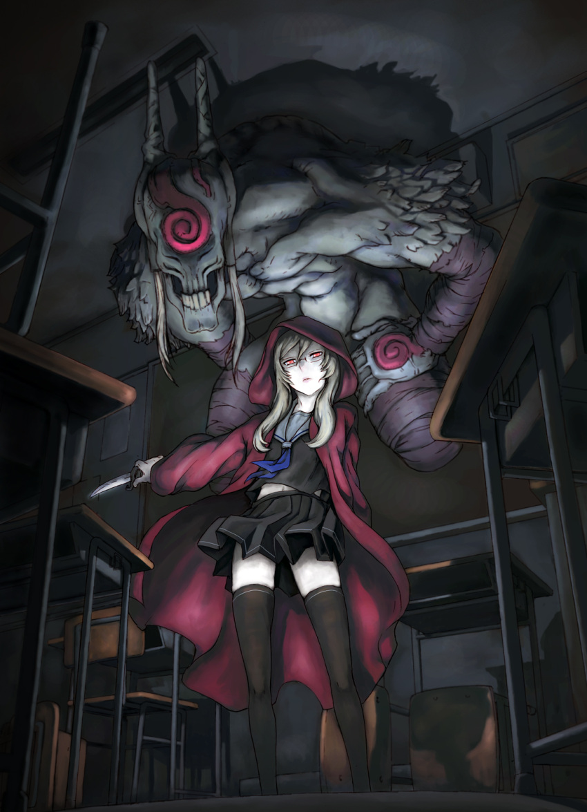 demon, glasses, highres, hood, knife, legs, lips, oono_tsutomu