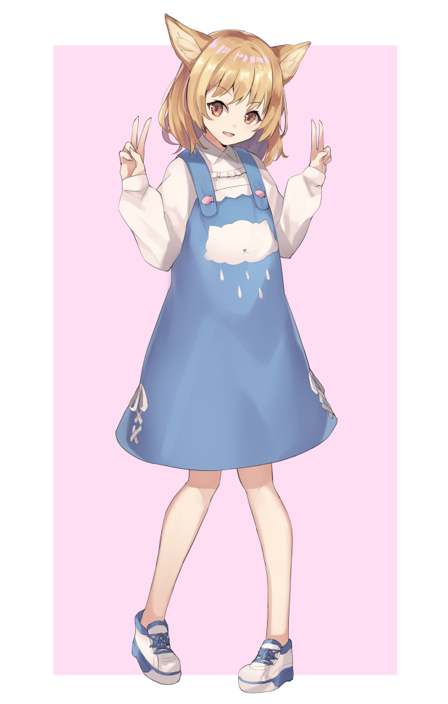 1girl, :d, animal_ear_fluff, animal_ears, blue_dress, cloud_print, double_v, dress