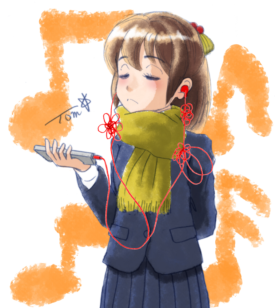 1girl, black_jacket, black_skirt, blush, brown_hair, chutohampa, closed_eyes, earphones