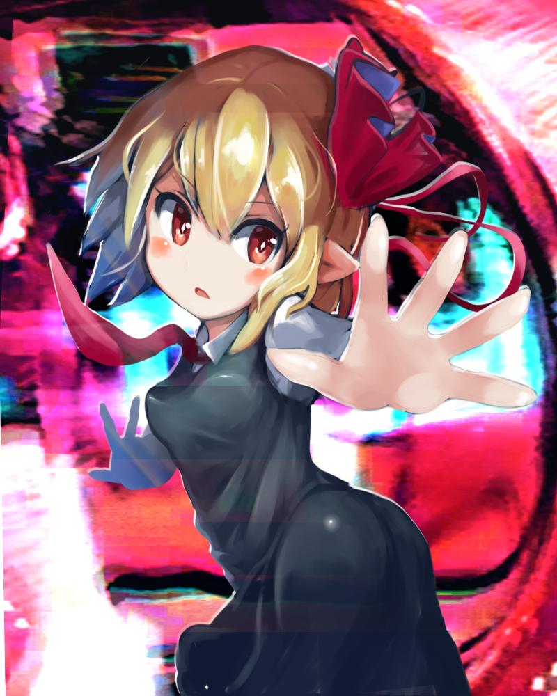 1860_(ichi), 1girl, abstract_background, ass, bangs, black_dress, blonde_hair, blush