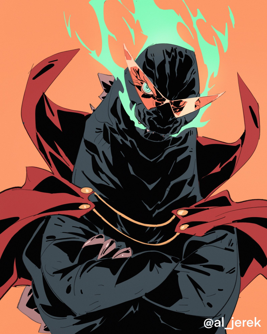 aljerek, cape, cosplay, crossed_arms, fire, godzilla, godzilla_(series), green_eyes