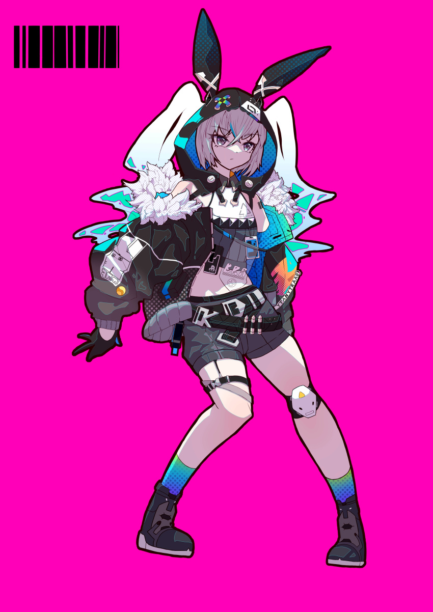 1girl, absurdres, animal_ears, bangs, barcode, barcode_tattoo, bare_shoulders, belt, black_gloves, bronya_zaychik, bronya_zaychik_(haxxor_bunny), chinese_commentary, collared_shirt, crossed_bangs, eyebrows_visible_through_hair, fake_animal_ears, full_body, fur-trimmed_jacket, fur_trim, gloves, grey_eyes, hair_between_eyes, highres, honkai_(series), honkai_impact_3rd, hood, hood_up, hooded_jacket, jacket, knee_pads, leg_strap, long_hair, long_sleeves, lulu_(15183338668), off_shoulder, open_clothes, open_jacket, pink_background, polka_dot, rabbit_ears, shirt, shorts, silver_hair, simple_background, solo, tattoo, unmoving_pattern