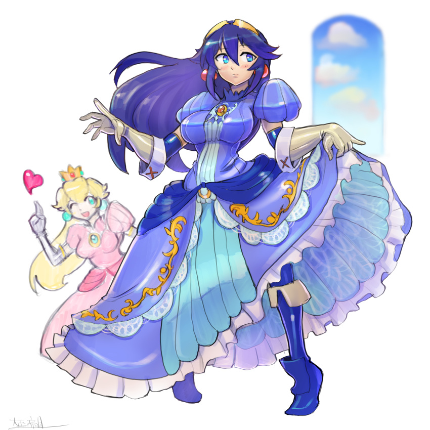 2girls, adapted_costume, bangs, beige_gloves, blonde_hair, blue_dress, blue_eyes, blue_hair