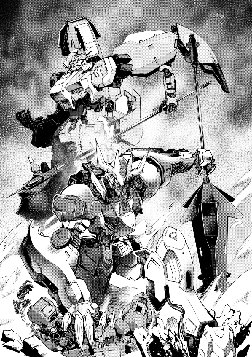 absurdres, axe, commission, damaged, extra_arms, graze_(mobile_suit), greyscale, gundam