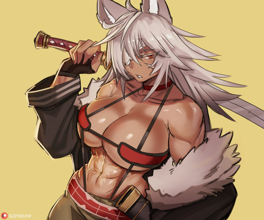 1girl, abs, animal_ears, bandeau, belt, cat_ears, choker, cowboy_shot