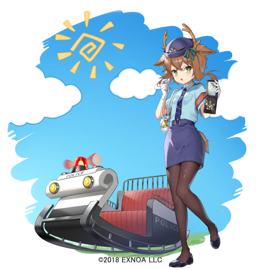 1girl, animal_ears, armband, bangs, black_footwear, blue_headwear, blue_neckwear, blue_shirt