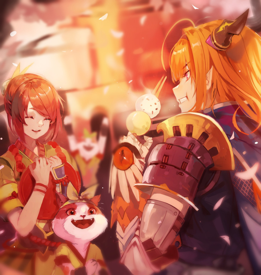 2girls, absurdres, ahoge, alternate_costume, armor, bangs, blurry, blurry_background, brown_hair, cherry_blossoms, closed_eyes, dango, dokuro_deluxe, dragon_girl, dragon_horns, eating, english_commentary, eyebrows_visible_through_hair, facing_another, falling_petals, fangs, felyne, fluffy, food, gloves, hair_bun, hair_ornament, hairband, hand_up, hands_up, highres, holding, holding_food, holding_plate, hololive, horns, japanese_clothes, kiryu_coco, long_hair, looking_at_another, monster_hunter_(series), monster_hunter_rise, multiple_girls, open_mouth, orange_hair, petals, plate, pointy_ears, sanshoku_dango, sash, short_sleeves, shoulder_armor, sidelocks, smile, swept_bangs, tied_hair, upper_body, violet_eyes, virtual_youtuber, wagashi, yomogi
