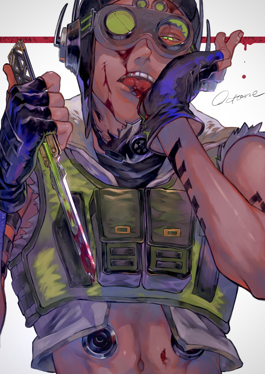 1boy, abs, absurdres, apex_legends, black_gloves, blood, blood_on_face, bloody_weapon