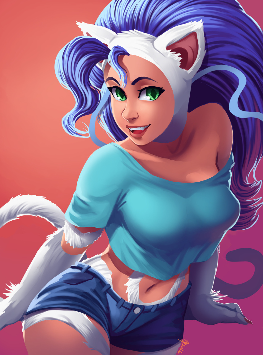 1girl, absurdres, andre_parcesepe, animal_ears, blue_hair, capcom, cat_ears, cat_girl