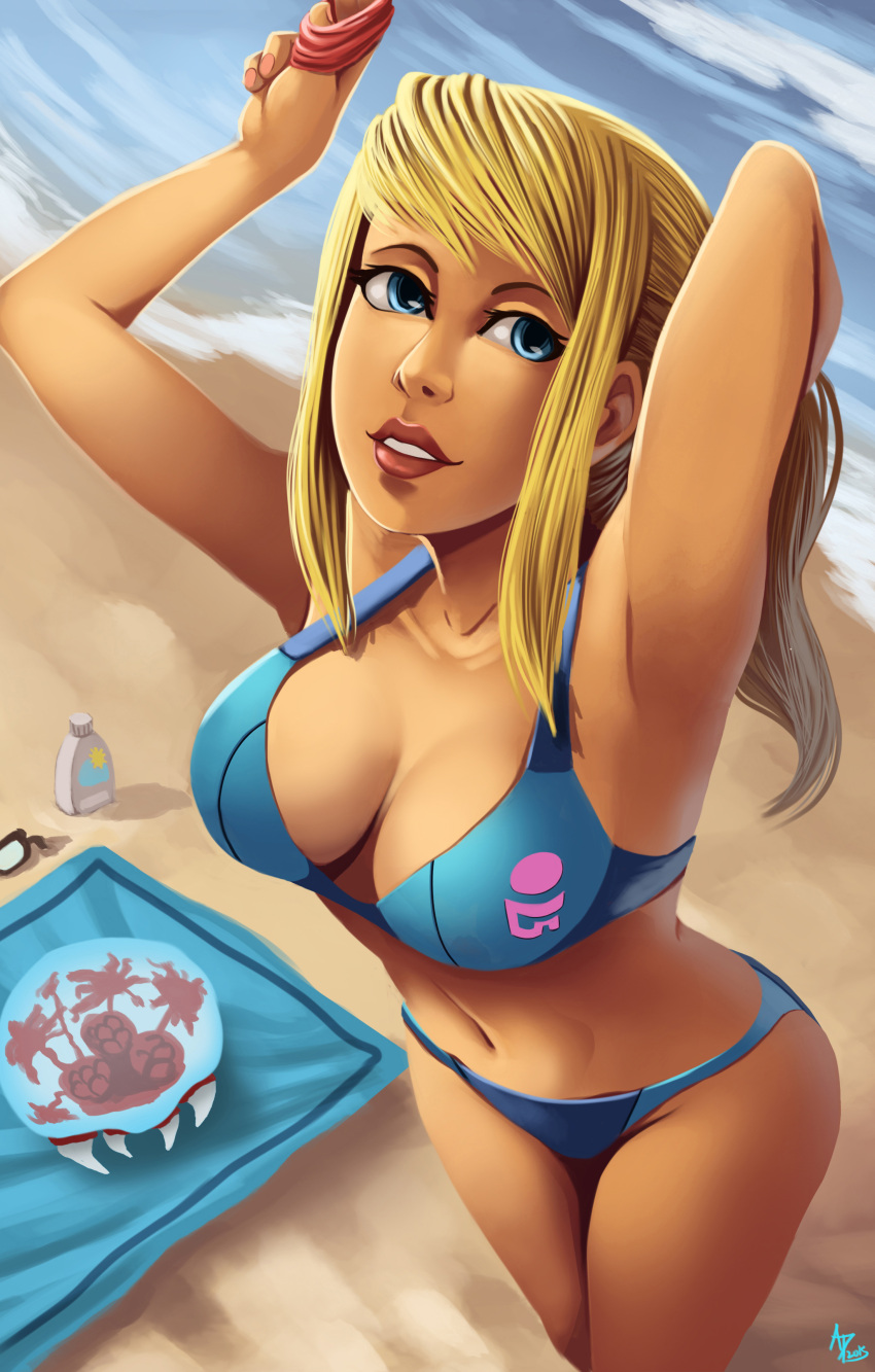 1girl, absurdres, andre_parcesepe, beach, beach_towel, bikini, blonde_hair, blue_bikini, blue_eyes, breasts, hair_ornament, hair_scrunchie, highres, lips, long_hair, looking_at_viewer, metroid, nintendo, samus_aran, scrunchie, signature, solo, swimsuit, towel