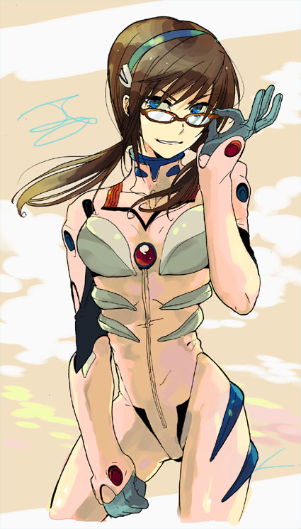 acm, blue_eyes, brown_hair, glasses, grin, hairband, makinami_mari_illustrious, neon_genesis_evangelion