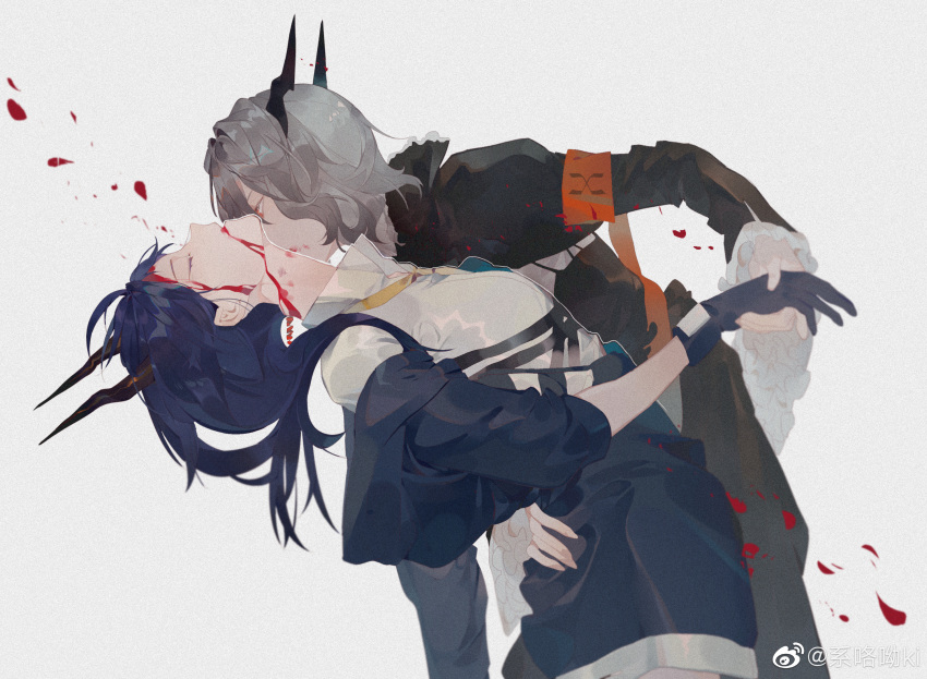 2girls, arknights, black_dress, blood, blue_eyes, ch'en_(arknights), closed_eyes, death