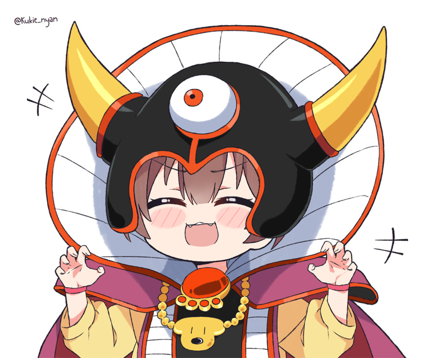 +++, 1girl, :d, arms_up, blush_stickers, brown_hair, cape, claw_pose