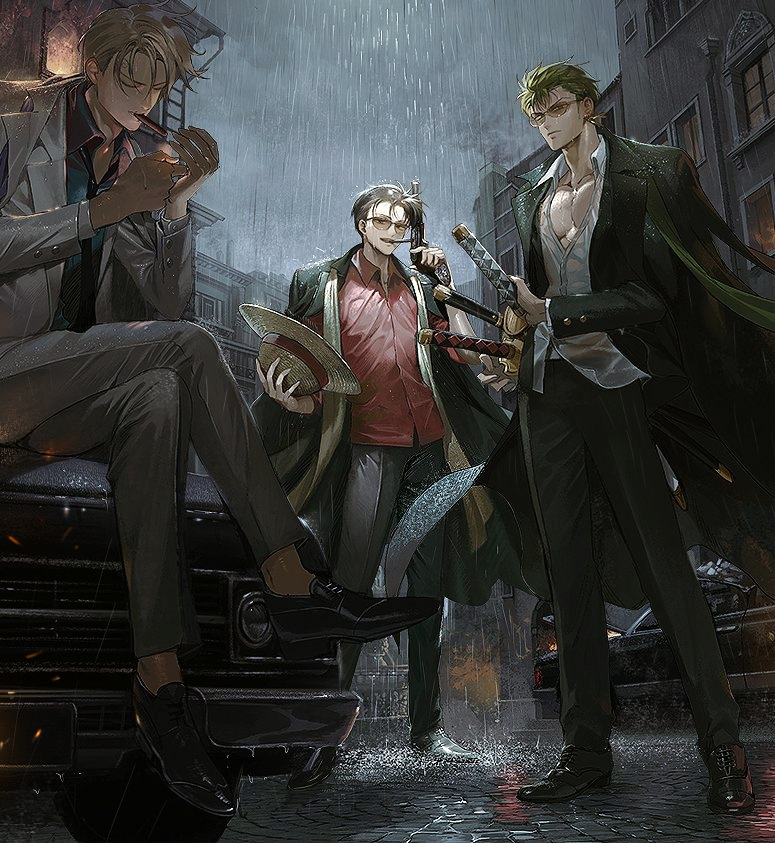 3boys, black_coat, black_footwear, black_hair, black_neckwear, black_pants, blonde_hair, blue_shirt