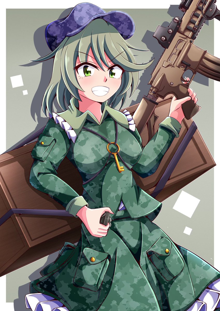 1girl, aospanking, bangs, blue_headwear, border, box, camouflage, camouflage_headwear