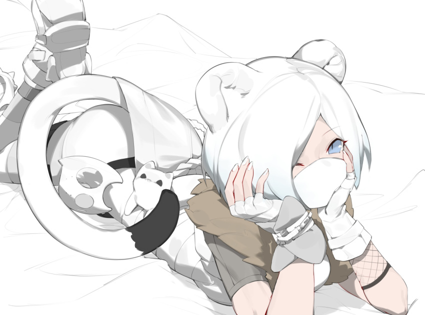 1girl, absurdres, animal_ears, arknights, bed_sheet, blue_eyes, breasts, feet_up
