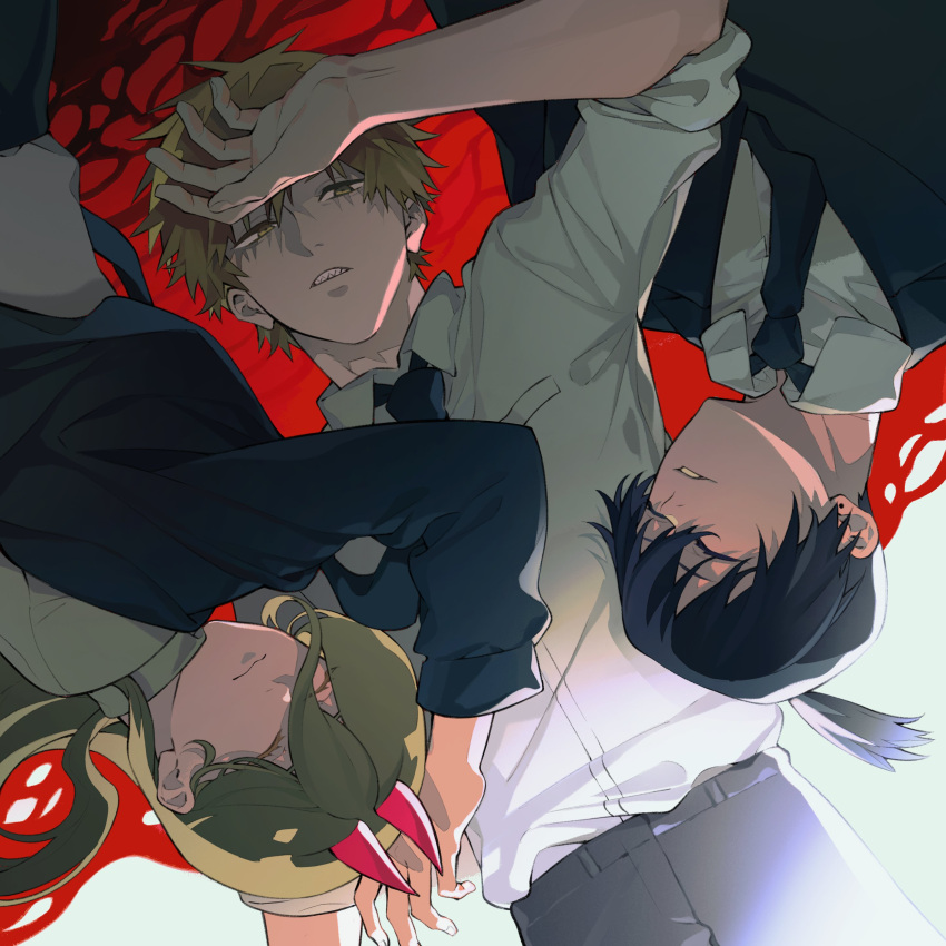 1girl, 2boys, absurdres, arm_up, bangs, black_hair, black_jacket, black_neckwear