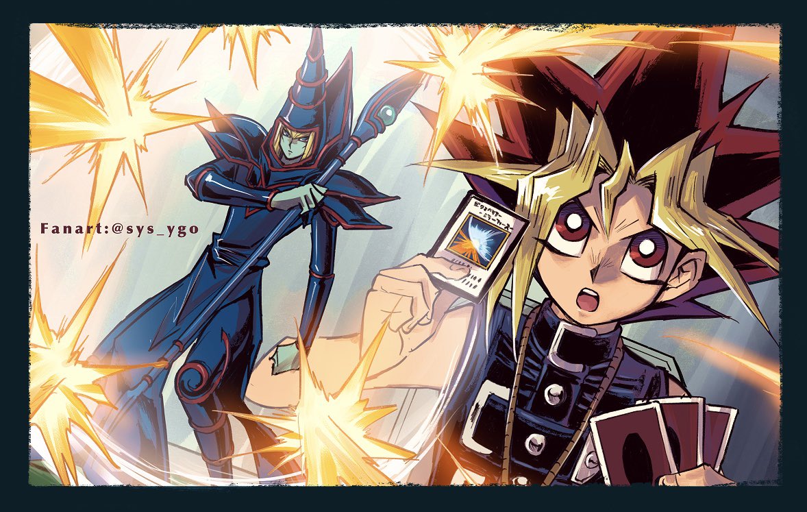 2boys, artist_name, bangs, bare_arms, black_border, black_hair, blonde_hair, border