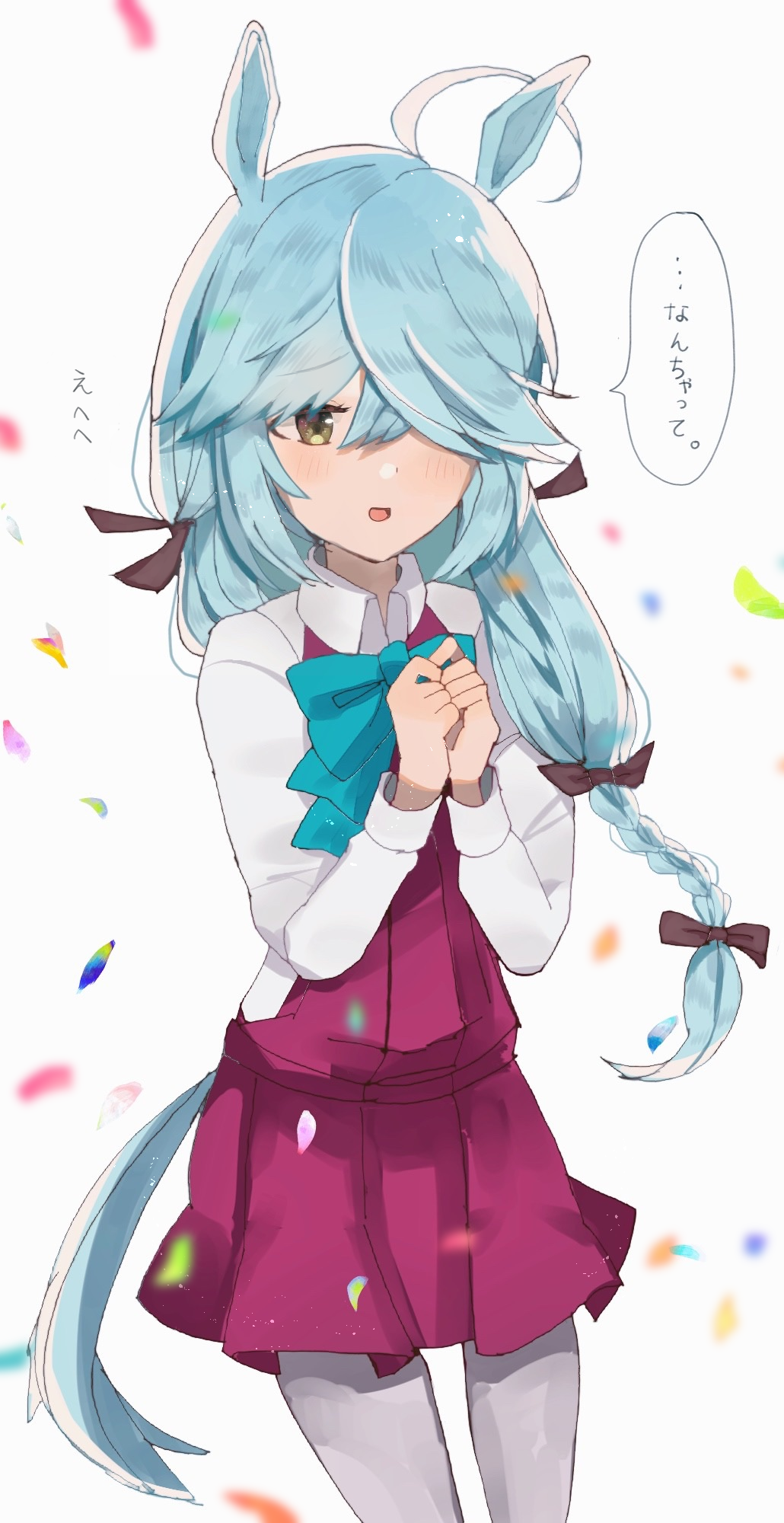 1girl, ahoge, animal_ears, black_ribbon, blue_hair, blue_neckwear, braid, brown_eyes