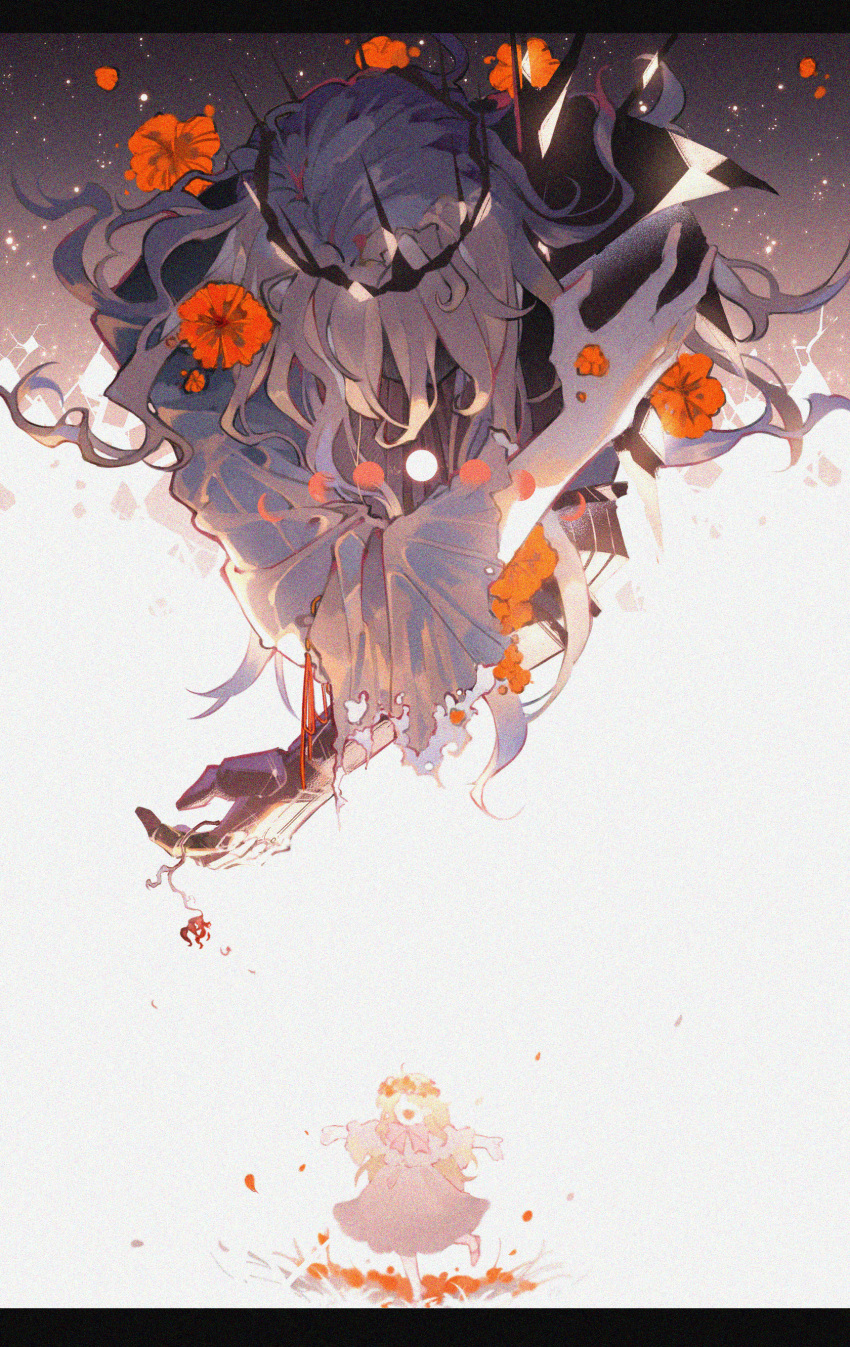 1boy, 1girl, absurdres, bare_legs, bernadette_gustav, blonde_hair, crown, dress, dried_flower, father_and_daughter, flower, head_wreath, hidden_face, highres, long_hair, looking_down, lord_of_the_mysteries, mechanical_arms, open_arms, open_mouth, petals, pink_dress, ribbon, roselle_gustav, shattered, single_mechanical_arm, smile, torn_clothes, wheatfieldsmu, younger
