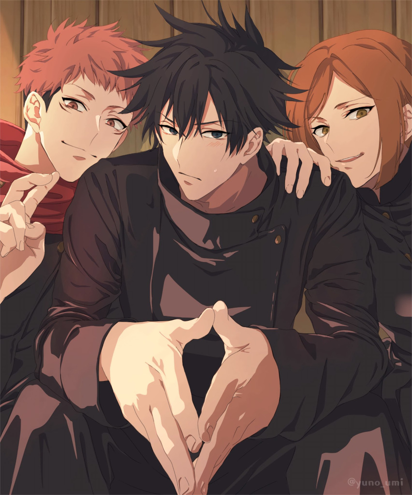 1girl, 2boys, bangs, black_eyes, black_hair, black_jacket, black_pants, brown_eyes