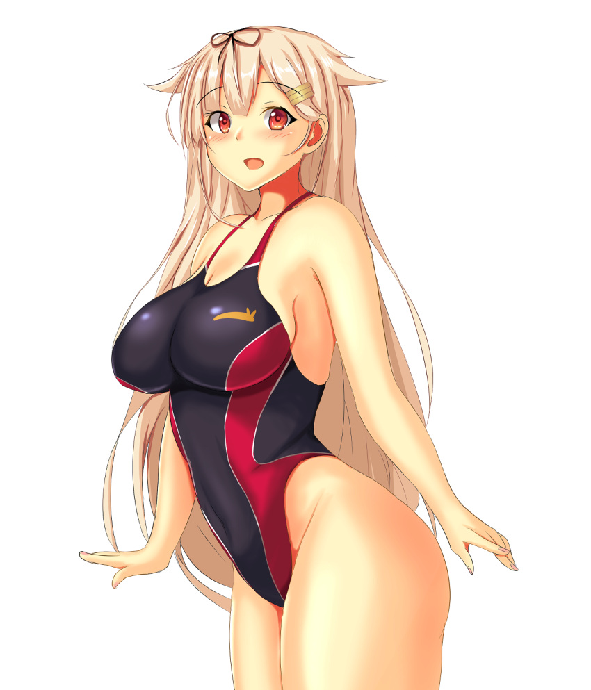 1girl, black_ribbon, black_swimsuit, breasts, collarbone, competition_swimsuit, cowboy_shot, hair_flaps