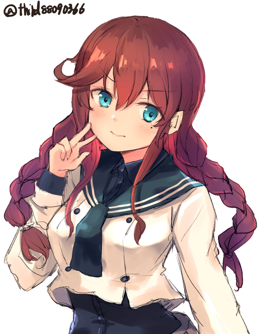 1girl, bangs, black_neckwear, black_sailor_collar, black_shirt, blue_eyes, braid, brown_hair