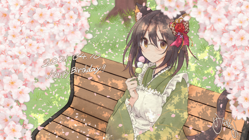 1girl, alternate_costume, animal_ear_fluff, animal_ears, apron, bench, black_hair, cat_ears, cat_tail, cherry_blossoms, dango, dated, enmaided, flower, food, frilled_apron, frilled_kimono, frilled_sleeves, frills, glasses, grass, green_kimono, hair_flower, hair_ornament, happy_birthday, holding, holding_food, idolmaster, idolmaster_cinderella_girls, japanese_clothes, kamijou_haruna, kimono, looking_at_viewer, maid, outdoors, petals, shade, shion_mnkm, signature, sitting, solo, tail, upper_body, wagashi, wide_sleeves