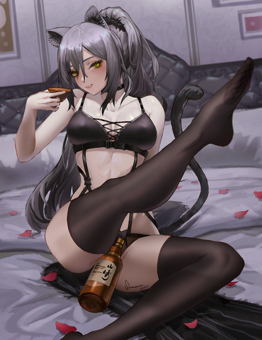1girl, absurdres, animal_ears, arknights, bangs, bare_arms, bare_shoulders, bed