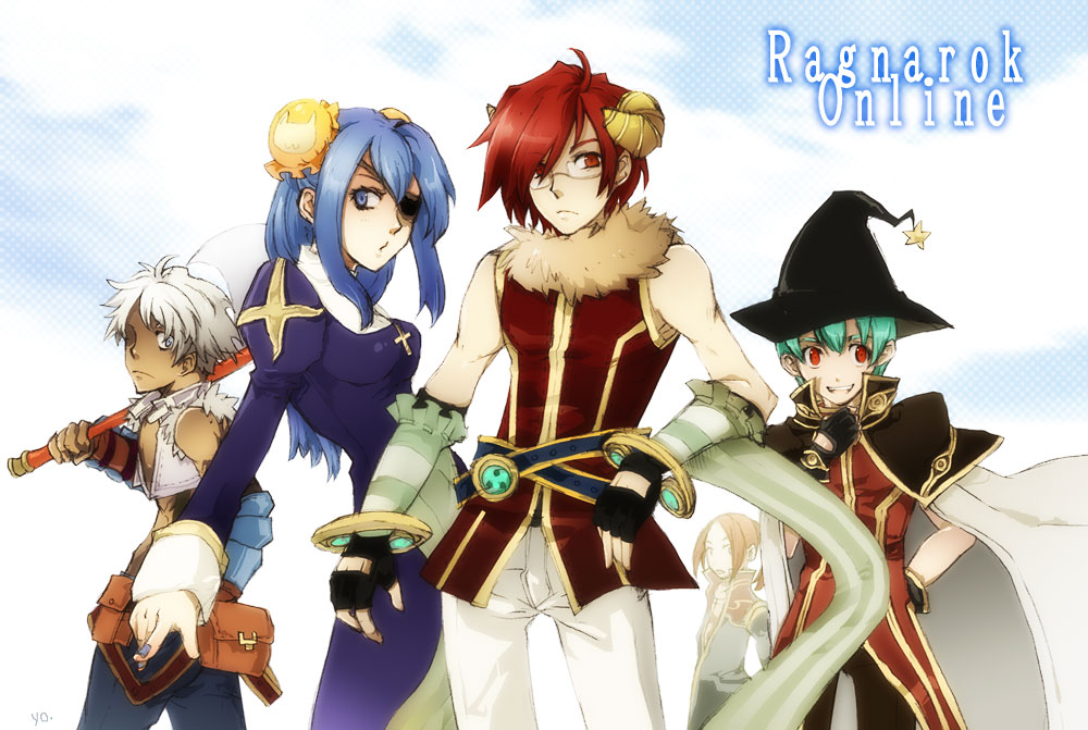 1girl, 4boys, animal_around_neck, bangle, bangs, belt, black_coat, black_dress