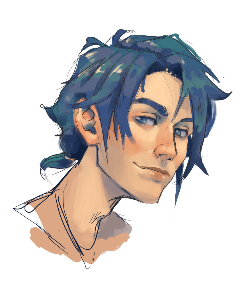 1boy, bangs, blue-haired_boy_(how_to_draw_manga), blue_eyes, blue_hair, blush, closed_mouth, commentary, derivative_work, english_commentary, face, forehead, hair_intakes, hair_tie, half-closed_eyes, happy, highres, how_to_draw_manga, lauren_walsh, light_blush, looking_at_viewer, male_focus, ponytail, shiny, shiny_hair, short_hair, simple_background, sketch, smile, solo, tied_hair, white_background