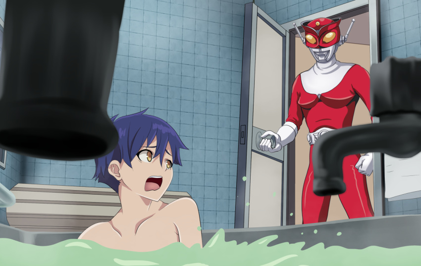 2boys, asanaka_yomogi, bath, bathing, bathroom, bathtub, blue_hair, blurry