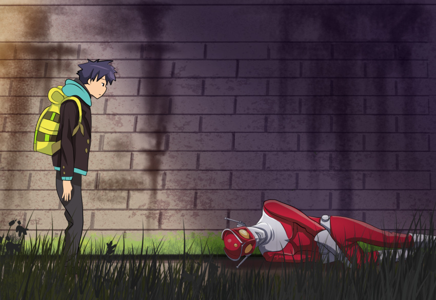 2boys, asanaka_yomogi, backpack, bag, blazer, blue_hair, blue_hoodie, commentary_request