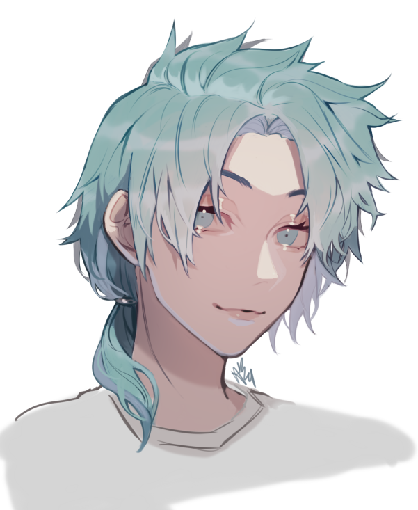 1boy, aqua_eyes, aqua_hair, artist_name, bangs, blue-haired_boy_(how_to_draw_manga), closed_mouth, commentary
