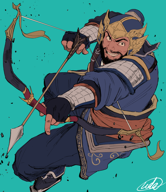 1boy, armor, arrow_(projectile), beard, black_eyes, black_footwear, black_gloves, black_hair