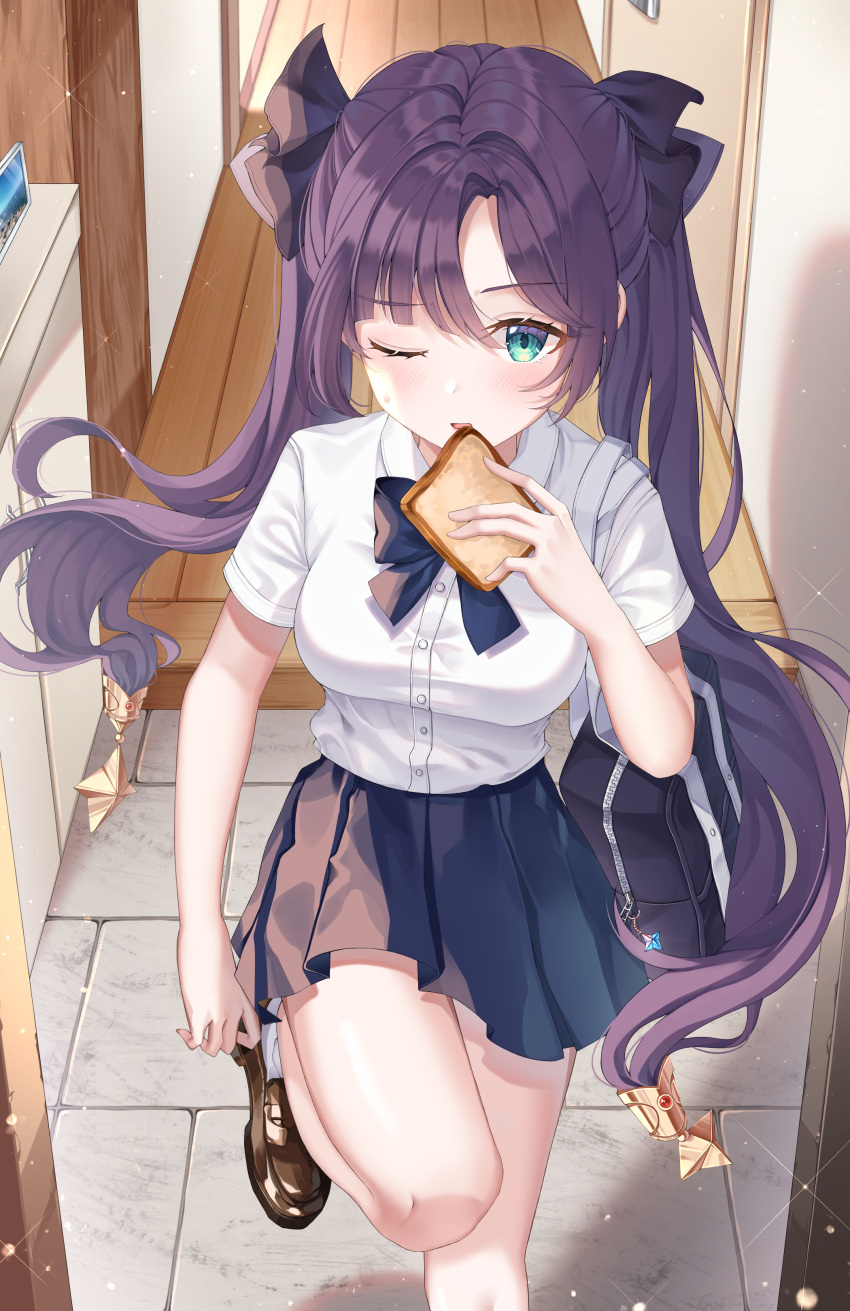 1girl, absurdres, adjusting_footwear, alternate_costume, aqua_eyes, bag, black_hair, black_ribbon