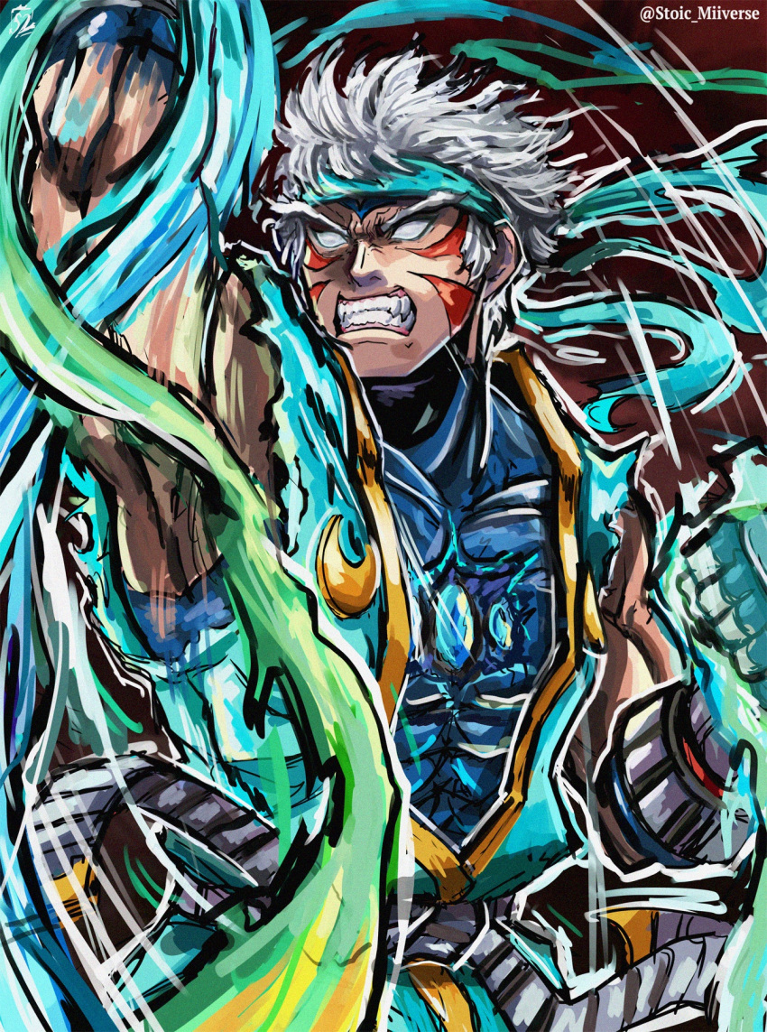 abs, alternate_costume, alternate_eye_color, alternate_hair_color, angry, armor, aura, bandana