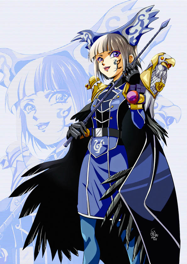 1990s_(style), 1girl, bangs, blonde_hair, blue_cape, blue_headwear, blue_jacket, breasts